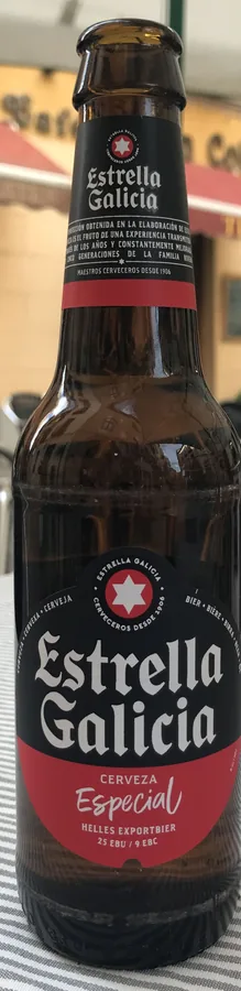 A standing bottle of Estrella Galicia
