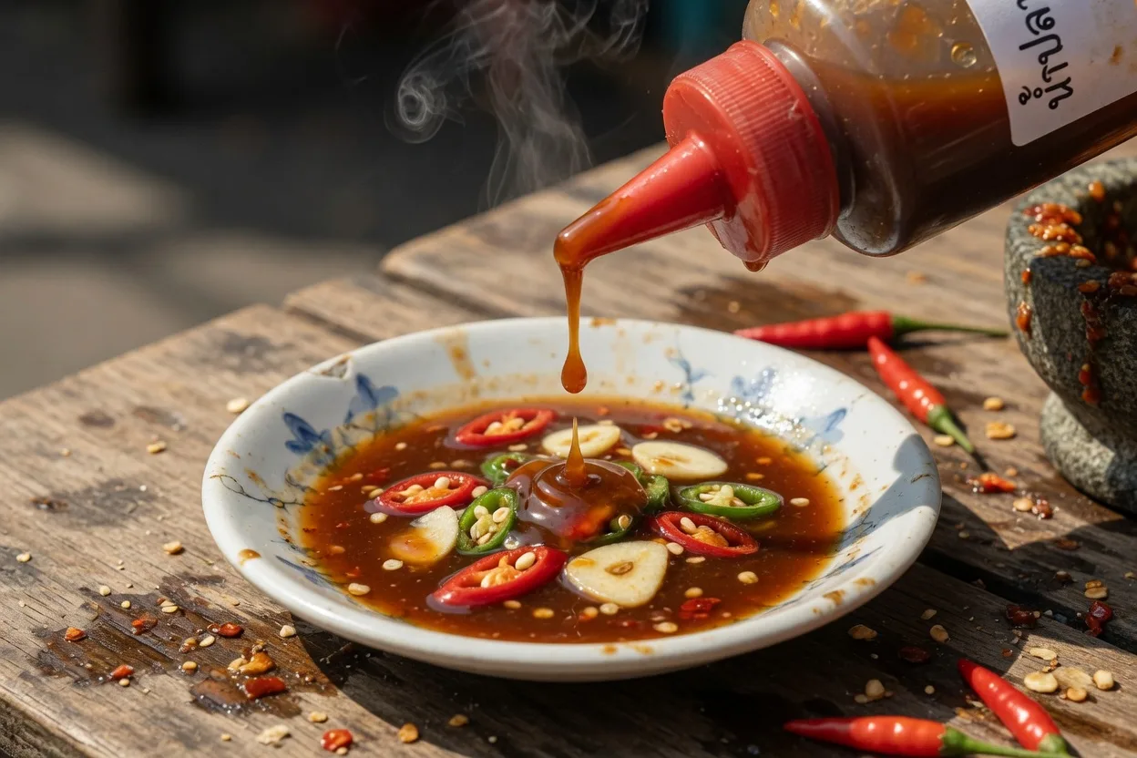 Chilli and the condiment tray — on the ground.